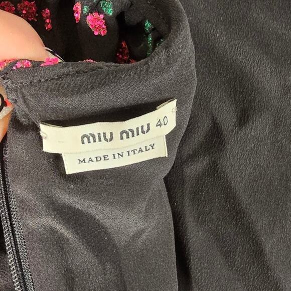 Miu Miu Women's Glitter Floral Print Short Sleeve Mini Dress Black Size 40 Small - Picture 3 of 7
